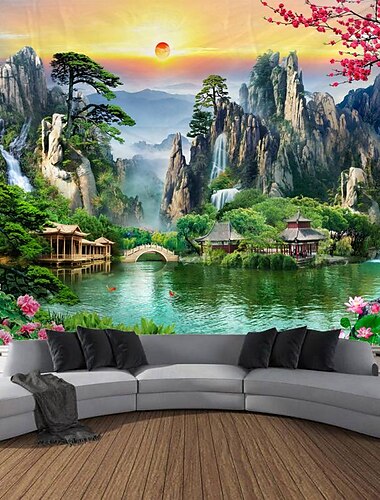  chinesische Landschaftsmalerei Wandteppich zum Aufhängen, große Wandteppiche, Wanddeko, Fotokulisse, Decke, Vorhang, Heim, Schlafzimmer, Wohnzimmer, Dekoration Wandtuch XXL Natur