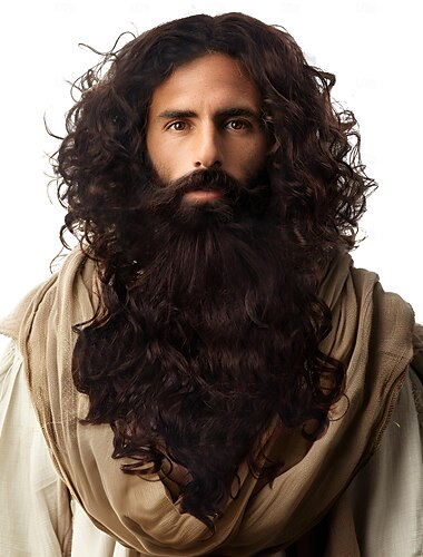  Perruque et barbe bouclées de magicien de jésus marron, accessoire de costume de cosplay amusant d'halloween pour adultes