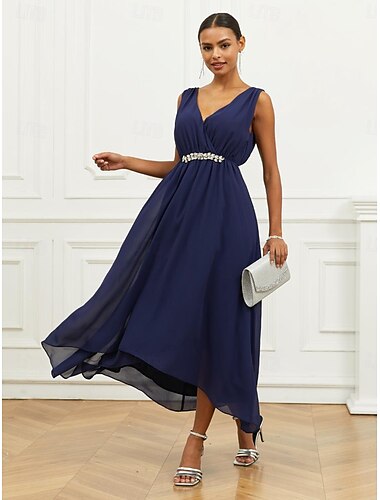  Damen A Linie Kleid Maxidress Chiffon Rüschen Gestuft kleid hochzeitsgast Cocktailparty Elegant V Ausschnitt Ärmellos Marineblau Farbe