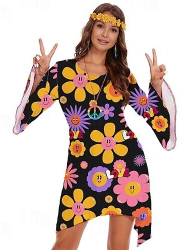  Retro vintage Jaren '70 Jaren '70 verkleedkleding dames Bel Hippie Schijf Grafisch Ronde hals Dames Halloween Carnaval Maskerade Feest Alledaagse kleding Prideparade Volwassenen Kleding Alle seizoenen