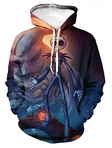  Jack Skellington Kapuzenshirt Zeichentrick Manga Anime 3D Vordertasche Grafik Kängurutasche Für Paar Herren Damen Erwachsene Halloween Karneval Maskerade 3D-Druck Casual