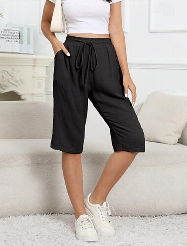 Damen EU- / US-Größe Shorts aus Baumwollleinen Baggy-Shorts Komfort Knielang Natürliche Taille Einfarbig Kordelzug Elastisches Kordelzugdesign Atmungsaktiv Leicht Weich Unelastisch Urlaub