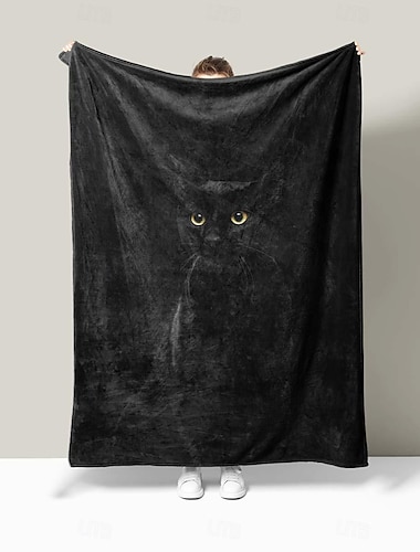  Manta de franela de gato negro, funda para sofá, manta para siesta en la oficina, manta de CA, manta agradable para la piel para dormitorio de niños y adultos