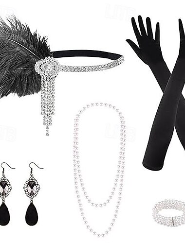  Vintage 1920s El gran Gatsby Diadema de estilo flapper Conjunto de accesorios Collar Pendiente charlestón Invitado a la boda Pluma Moda Mujer Mascarada Recepción de Boda Despedida de Soltera Festival