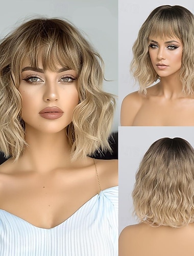  Ombre blonde parykker kvinner kort bølgete parykk med frynser askeblond bob-parykk med mørke røtter middels lengde naturlig syntetisk hår daglig fest- og cosplay Halloween-parykker