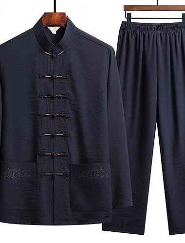  Herren T-Shirt Anzüge Hemd- und Hosensets 2-teiliges Outfit Langarm Stehkragen Frühling & Herbst Einfach Mode Chinesischer Stil Lässig 2 teilig Urlaub Alltagskleidung Ausgehen Schwarz Weiß Marineblau