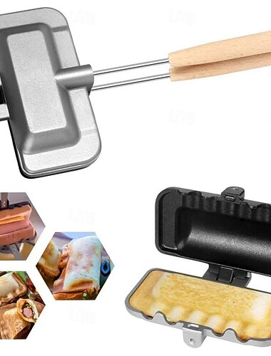 Sartén para hornear sándwich de doble cara, sartén para hornear al aire libre, sartén de doble cara, sartén antiadherente de doble cara con mango extraíble, sartén con tapa abatible de aluminio