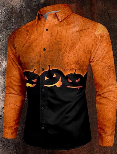  Halloween Zucca Informale Scuro Per uomo Camicia Camicia con bottoni Manica lunga Da sera Autunno Inverno Primavera estate Collo ripiegabile Colletto Abbottonare Stampa 3D Sottile Arancione Poliestere
