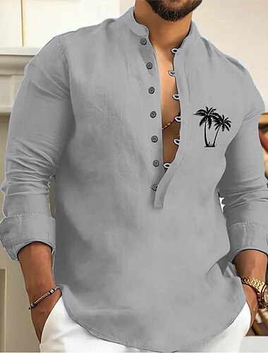  Herren Hemd Minimalistisches Aloha-Shirt Hemd mit chinesischem Kragen Hemd mit Stehkragen Popover-Hemd Sommerhemd Weiß Rosa Grün Grau Langarm Kokospalme Stehkragen Urlaub Hawaiianisch Bekleidung