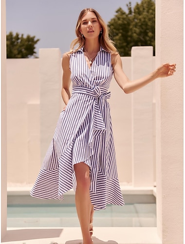  Naisten Resort Wear Tyylikäs mekko Maksimekko Sininen Lyhythihainen Raita solmio edessä Raita Tulostus Kevät kesä Cross-front-pääntie Tyylikäs Loma loma mekko S M L
