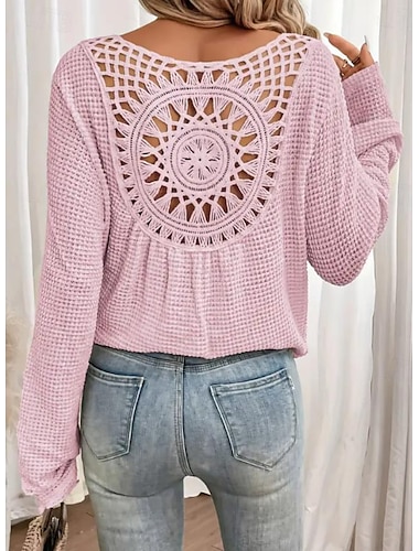  Damen Elegante Weiße Spitzen Tops Ösen Bluse Stylisch Lässig Einfarbig Ösen Langarm Rundhals Täglich Romantische Petite Tops Sommer Urlaub Tragen Grasgrün Rosa Blau Beige Sommer Frühling Herbst