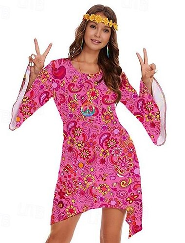  Retro Vintage 1970er 70er-Jahre Damenkostüm Glockenärmel Hippie Disco Grafik Rundhals Damen Halloween Karneval Maskerade Party Alltagskleidung Pride Parade Erwachsene Kleid Ganzjahres