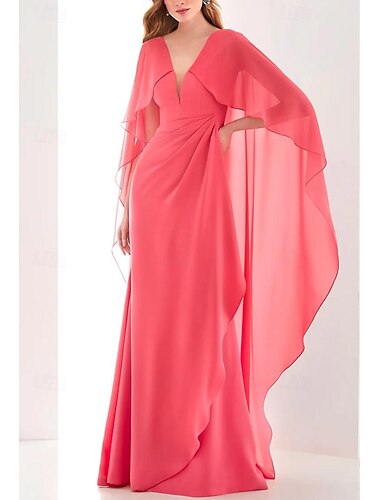  Vestido de noche tipo vaina elegante vestido formal de boda en la playa largo hasta el tobillo con mangas largas escote en V de chiffon con volantes fruncidos 2025