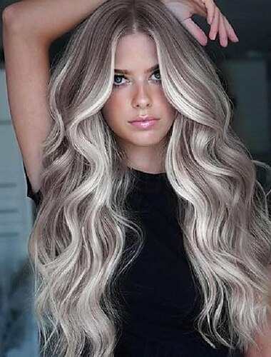  Parrucca Bionda per Donne Parrucca Lunga Ondulata con Radici Scure 26 Pollici Parrucca di Capelli Fibra Sintetica per Uso Quotidiano e Festa Parrucche di Halloween