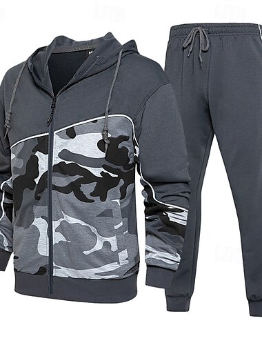  Herren Hoodie Sweatshirt Kapuze Trainingsanzug Kapuzenshirt mit durchgehendem Reißverschluss Jogginganzug Armeegrün Khaki Grau Mit Kapuze Farbblock Tarnfarben Patchwork 2 teilig Sport & Natur Täglich
