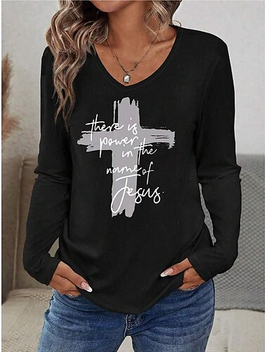  dames t-shirt mode casual letter print lange mouw normale tops v-hals dagelijks zwart lente&amp;  val