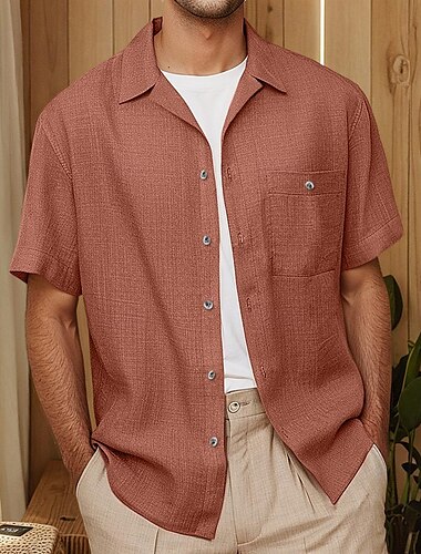  Herren Hemd Leinenhemd Kuba-Kragen-Hemd Einfarbig Urlaub Straße Schwarz Blau Braun Grün Kurzarm Frühling & Sommer Bekleidung