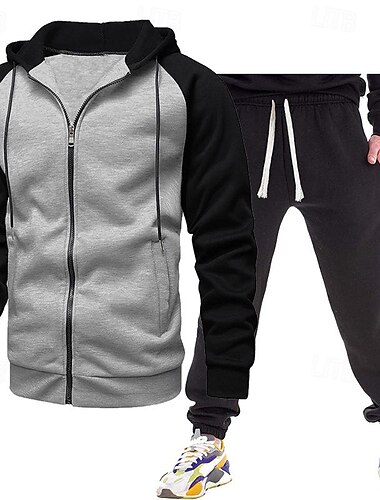  Herren Trainingsanzug Jogginganzug 2 teilig Full Zip Casual Herbst Langarm warm Atmungsaktiv Weich Fitness Fitnesstraining Laufen Sportbekleidung Sportkleidung Farbblock Dunkelgrau Schwarz Königsblau