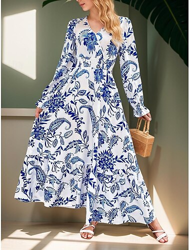  dames formele jurk bloemen ruche v-hals lange jurk maxi jurk elegant stijlvol dagelijks lange mouw herfst