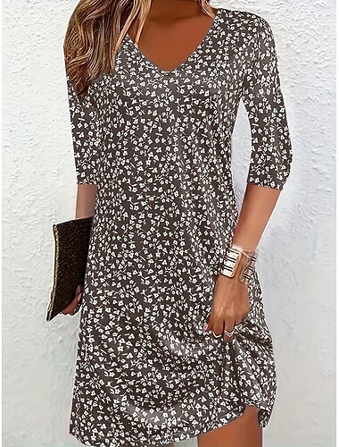 Pulloverkleid für Damen mit grafischem Blumendruck und V-Ausschnitt, Midikleid, elegant, Bohème, für zu Hause, täglich, 3/4-Ärmel, Sommer, Frühling