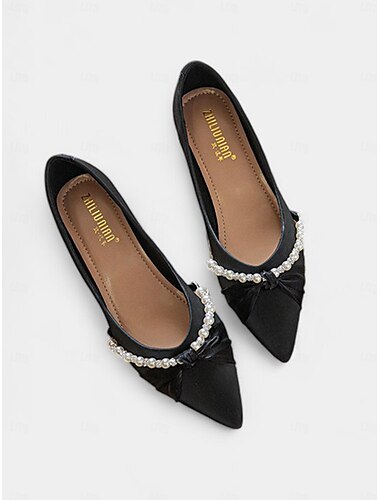  Mit Perlen verzierte flache Damenschuhe mit niedrigem Absatz – elegante Schlupfschuhe mit spitzer Spitze für Hochzeiten und formelle Anlässe