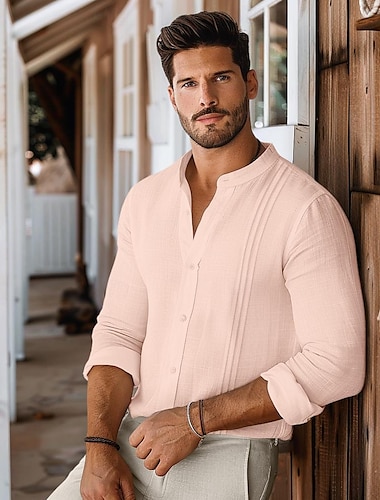  Voor heren Overhemd Linnen overhemd Overhemd met knopen Effen Buiten Vakantie Wit Blozend Roze Lange mouw Opstaande boord Lente & Herfst Kleding Met ruches