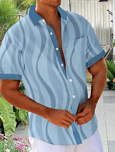  Herren Geometrisch Linear Knopfhemd Kurzarm Hawaiianisch Brautkleider schlicht Resort Outdoor Casual Festtage Sommer Frühling Umlegekragen Bedruckt Blau Grün Khaki