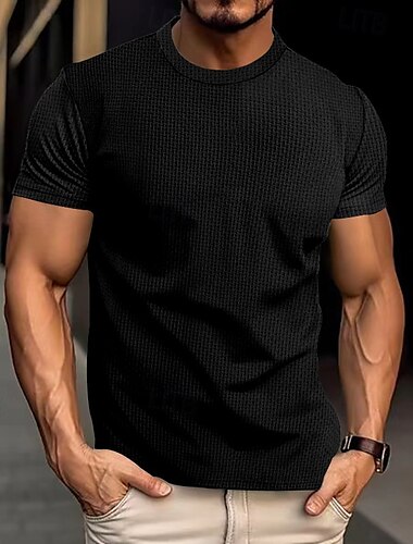  Homens Camisa Waffle Camiseta T-shirt Manga Curta Gola Redonda Verão Côr Sólida Tecido Moda Designer Básico Férias Rua Para Noite Verde Militar Preto Branco Top Tee para Homens