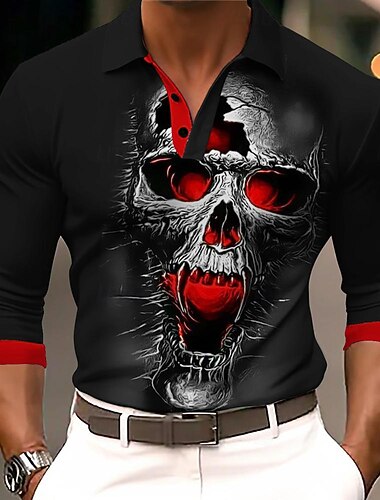  День мёртвых Муж. Черепа Рубашки поло Длинный рукав Футболки поло Рубашки с воротником Ужас Уличная одежда Праздничная одежда Наряды для вечеринок 3D печать Пуговицы Наступила зима Черный