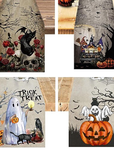  Halloween-Tischläufer aus Leinen mit Spinnennetz und Vintage-Auto-Aufdruck, Esstischdecke für Schlafzimmer, Bücherregal, dekorative Tischdecke