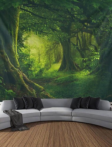  mistry forest hangend wandtapijt magische natuur groene boom regenwoud landschap wandkunst groot wandtapijt muurschildering decor foto achtergrond deken gordijn huis slaapkamer woonkamer decoratie