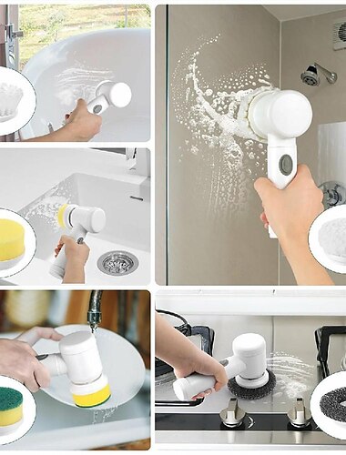  handreinigingshulpmiddel elektrische schrobmachine met 5 vervangbare opzetborstels, draadloos oplaadbaar voor badkamer, keuken