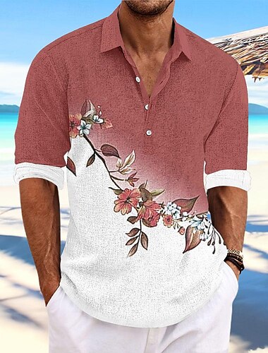  Herren Blumen Knopfhemd Henley Shirt Langarm Hawaiianisch Resort Outdoor Casual Sommer Frühling Herbst Umlegekragen Rote Blau Purpur