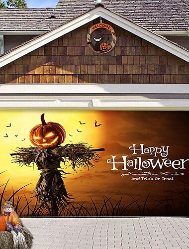  Halloween-Türdekorationen, Halloween-Garagentorabdeckung, Kürbisse, Jack-o-Laterne, Outdoor-Banner, Geister-Fledermäuse, große Kulisse für die Feiertage, Dekorationen für draußen, Tür,