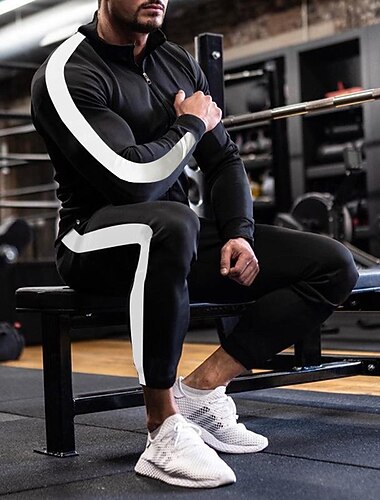  Męskie Dres Strój do biegania Wiosna Ściągana na sznurek Kieszeń Kolorowy blok Rozpinana bluza i spodnie dresowe Zestaw odzieży sportowej Czarny Żółty Trening w siłowni Jogging Bieganie Miękka