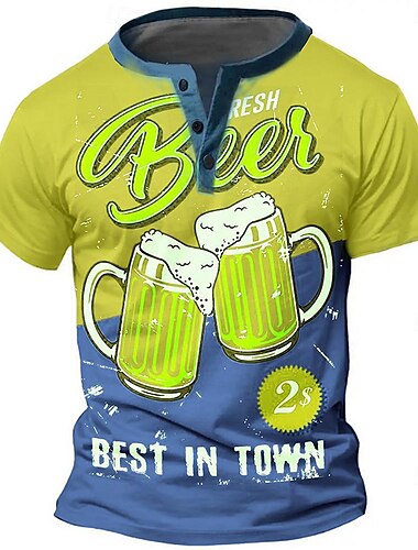  Herre Oktoberfest Oktoberfest øl T skjorte Henly-skjorte Kortermet 3D-utskrift Designer Retro / vintage Gate Avslappet Daglig Sommer Vår Blå Oransje Grønn Henley Henley T-skjorte