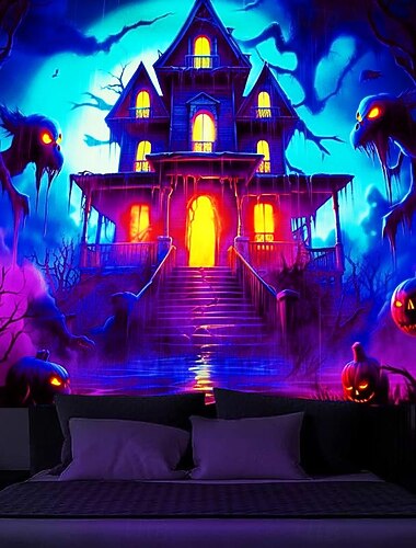  halloween dekorace strašidelný zámek blacklight gobelín uv reaktivní záře ve tmě zamlžený závěsný gobelín nástěnná malba do obývacího pokoje ložnice