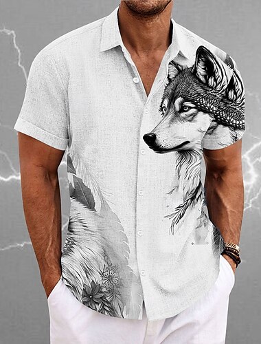  Herren Wolf Hemd Knopfhemd Kurzarm Vintage Brautkleider schlicht Urlaub Täglich Hawaiianisch Sommer Frühling Umlegekragen Hemden mit Kragen Knopf hoch 3D-Druck Blau Braun Grau