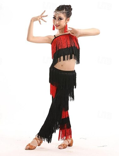  Traje de baile latino para niños nueva primavera/verano actuación infantil conjunto de borlas de competición para niñas y niños Falda de baile