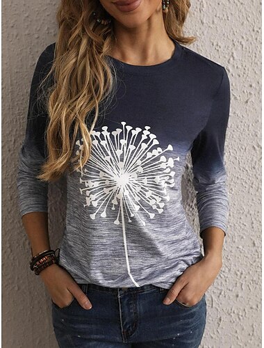  Damen T-Shirt Casual Print Langarm Normal Oberteile Rundhals Alltag Marineblau Frühling Herbst