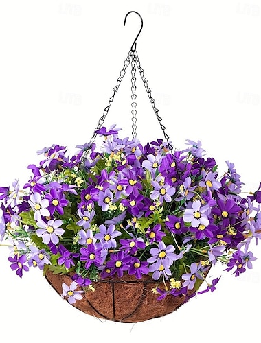  Flores colgantes artificiales en cesta-decoración de jardín de césped para patio exterior/interior, cesta de margaritas con maceta de cadena con forro de coco de 12 pulgadas