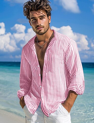  Herre Skjorte Sommer skjorte Strand Tøj Button Up skjorte Casual skjorte Stribet skjorte Lyserød Grøn Mørkegrå Lyseblå Langærmet Vanlig Båndkrave Daglig Ferierejse Kile Tøj Mode Afslappet