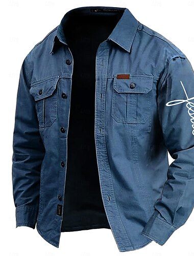  Herren Mit Buchstaben bedruckt Hemd Westernhemd Cargo-Shirt Langarm Brautkleider schlicht Taktisch Sport & Natur Ausgehen Winter Frühling & Herbst Umlegekragen Bedruckt Armeegrün Blau Khaki