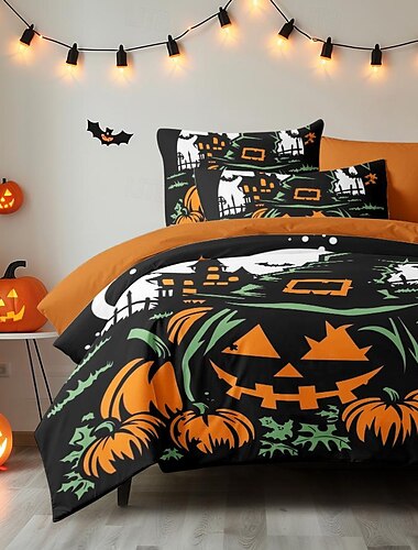  Halloween-Kollektion Bettbezug-Set Jack O Lantern Kürbis 3-teiliges Set superweich hautfreundlich langlebig