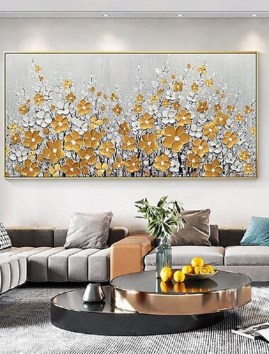  goldenes Blumengemälde, handgemaltes Palettenmesser, Acryl, 3D-Struktur, Wandkunst, handgefertigt, grau, minimalistisch, abstrakt, große Blume, Ölgemälde, handgemachte Wandkunst, ästhetische