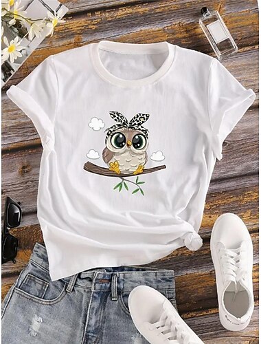 T-shirt femme 100% coton hibou quotidien décontracté manches courtes noir été