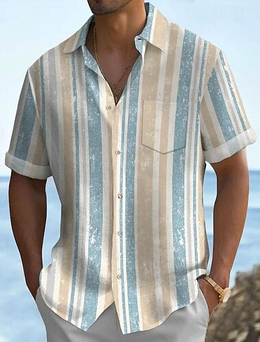  Men's Striped Geometric Pattern Button Up Shirt Printed Shirts Short Sleeve Hawaiian Resort Outdoor Business / Ceremony / Wedding Summer Turndown Print Button-Down White Pink Blue