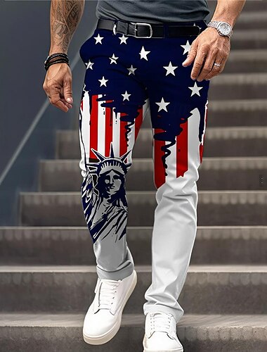  Herr Ledigt Flagga Amerikanska flaggan Kostymbyxor 3D-tryck Ficka 3D-utskrift Medium Midja Fest / Kväll Vardag Semester Sommar Vår Höst Blå Smal passform Oelastisk