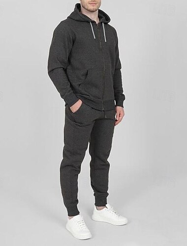  Herren Trainingsanzug Jogginganzug 2 teilig Full Zip Casual Herbst Langarm Atmungsaktiv Weich Fitness Fitnesstraining Laufen Sportbekleidung Sportkleidung Farbblock Dunkelgrau Schwarz Weiß