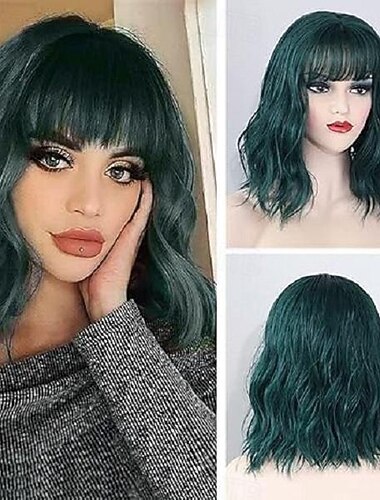  Perruque synthétique ondulée ample pastel pour femmes, avec frange à air, longueur d'épaule, perruque de cosplay bob pour filles, perruques de costume colorées